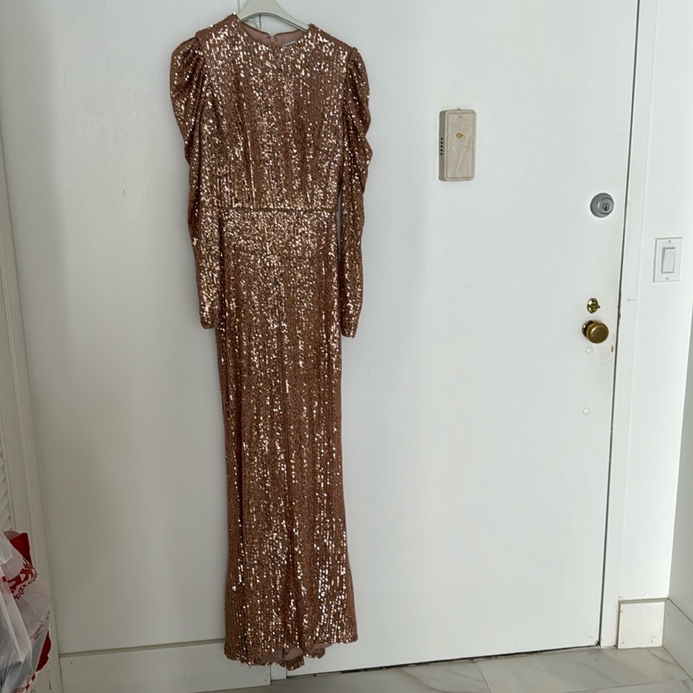 Mac Duggal Ieena sequin crew neck long puff drape sleeve gown